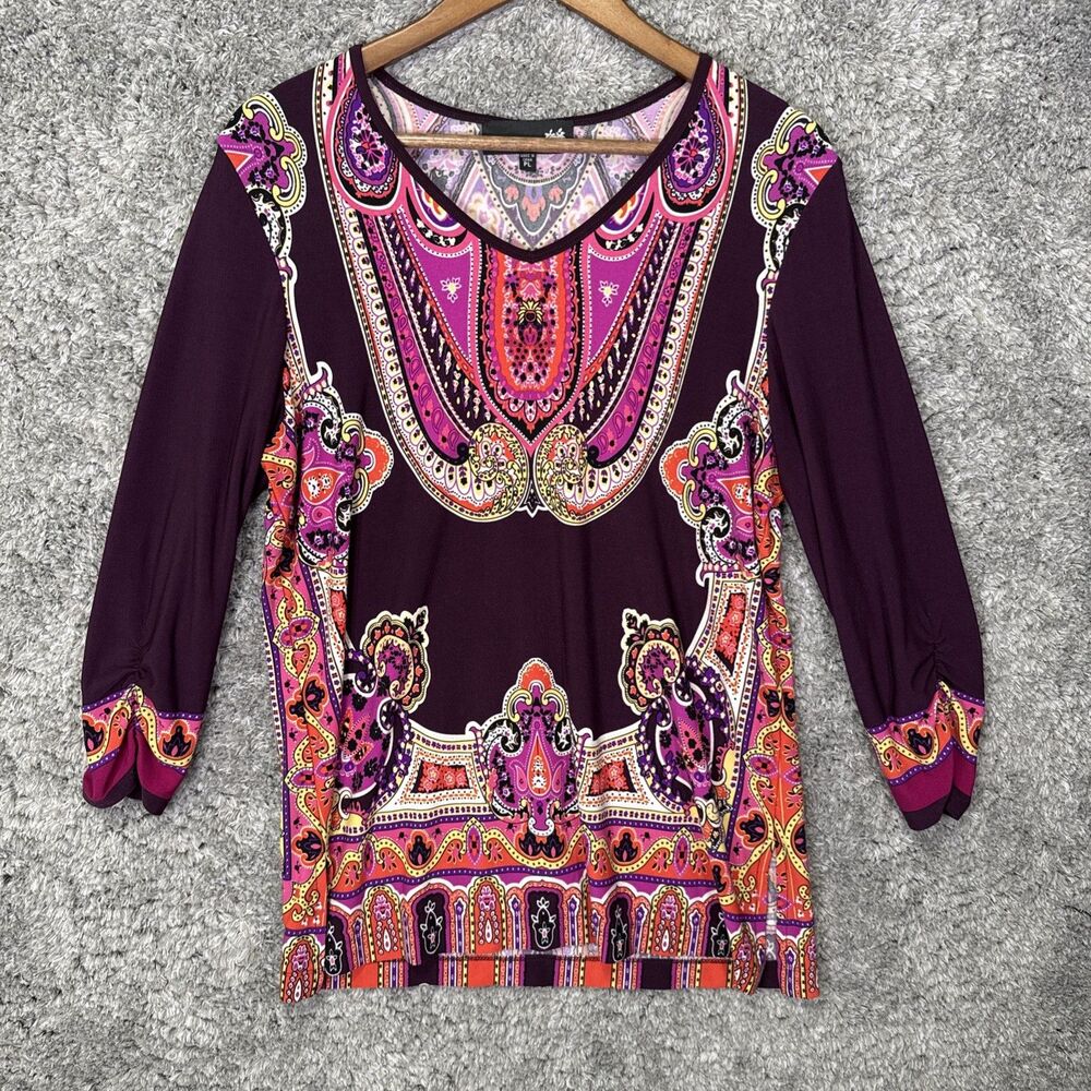 C&C Studio Women’s Floral Paisley 3/4 Sleeve Blouse Tip Colorful Boho V Neck LP